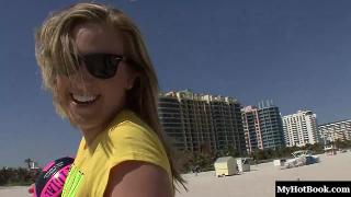 Leslie Foxx is a hot, blonde babe who walks on the beach, flashing